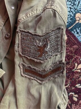 Embellished Olive Green Military Patch Sleeve Shirt